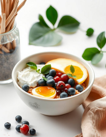 Oatmeal porridge with berries in a bowl on a white backgroundの写真素材
