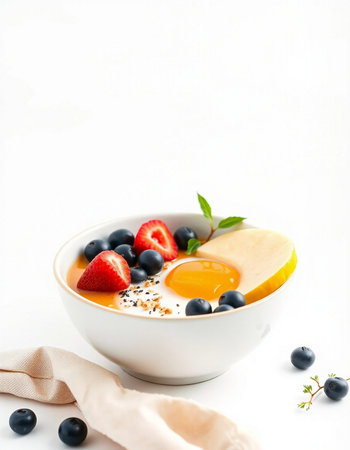 Healthy breakfast bowl with fresh berries and eggs on white background.の写真素材