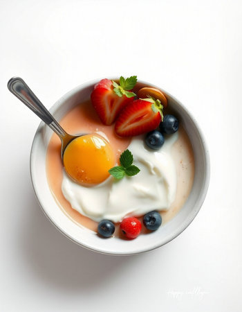 yogurt with fresh berries and yoghurt on white backgroundの写真素材