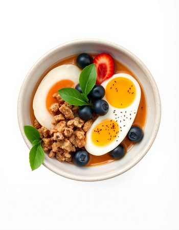 Soft-boiled egg with berries in bowl isolated on white background