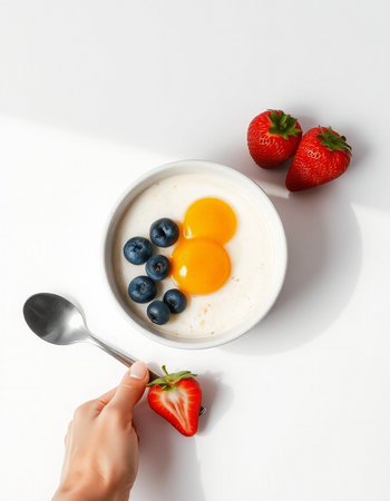 Healthy breakfast with oatmeal, fresh berries and egg on white background