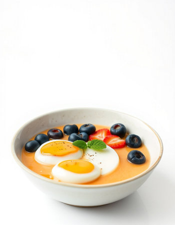 Soup with fresh berries and eggs on a white background