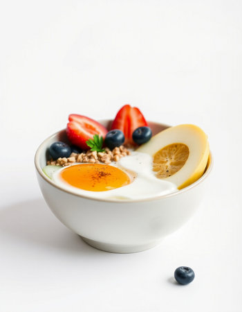Healthy breakfast with muesli, yogurt and berries on white background