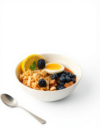 Oatmeal porridge with berries and egg in a bowl on a white backgroundの写真素材