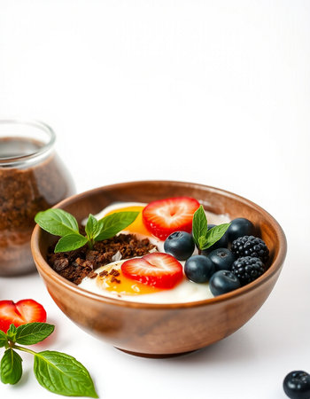 Healthy breakfast with granola, yogurt and berries on white backgroundの写真素材