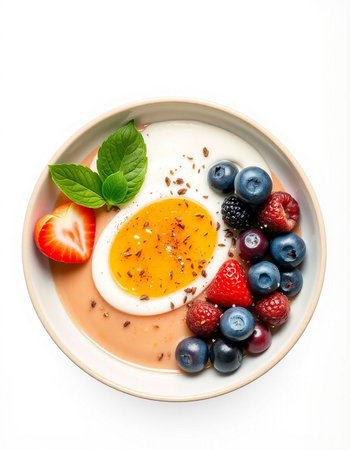 Healthy breakfast with berries and egg isolated on white background