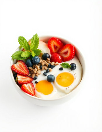 Healthy breakfast with yogurt, berries and eggs on a white backgroundの写真素材