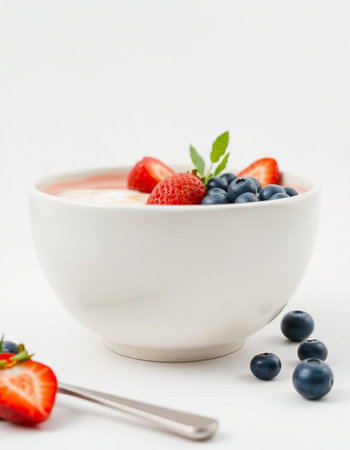 yogurt with strawberries and blueberries in a bowl on a white backgroundの写真素材