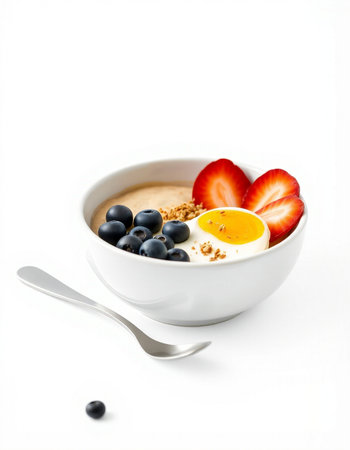 Oatmeal porridge with strawberry and blueberry isolated on white background