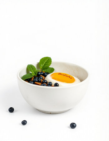 Yogurt with blueberries and mint in a bowl on a white backgroundの写真素材