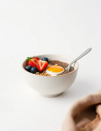 Chocolate oatmeal with berries in a bowl on white background