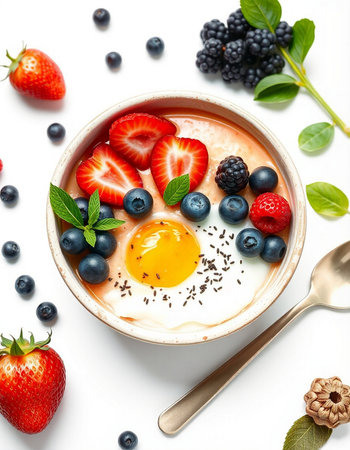 Breakfast bowl with omelet, strawberries and blueberries on white background