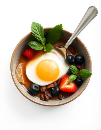 Bowl of yoghurt with berries and egg on white backgroundの写真素材
