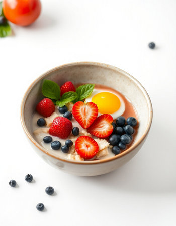 Healthy breakfast with oatmeal, berries on white backgroundの写真素材