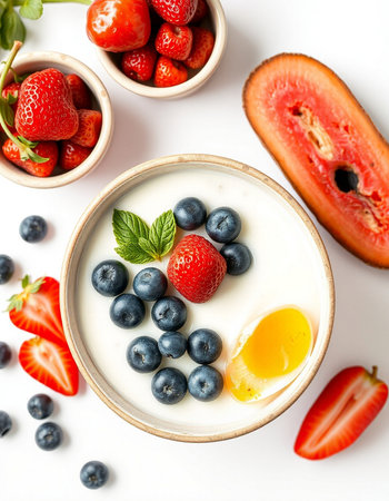 Yogurt with fresh berries and egg in bowl on white background