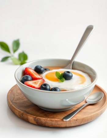 with strawberries and blueberries in a bowl on a white background