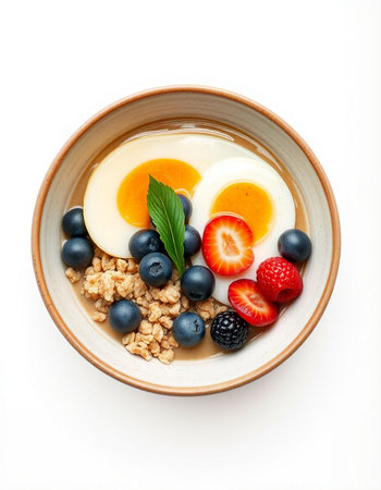 Healthy breakfast with oatmeal, berries and egg isolated on white background