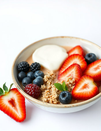 Healthy breakfast bowl with muesli, berries and yogurt.