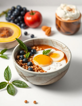 Bowl with tasty buckwheat porridge and eggs on table