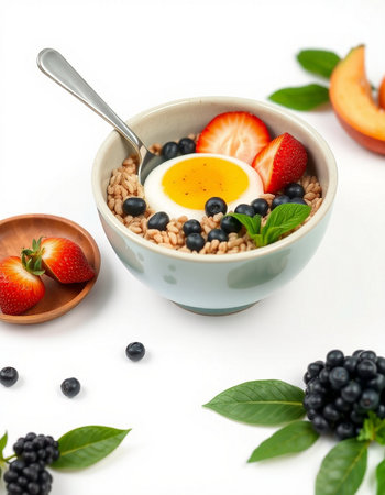 Oatmeal with berries and egg in a blue bowl on a white background
