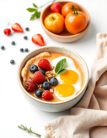 Healthy breakfast. Oatmeal porridge with fresh berries on white background