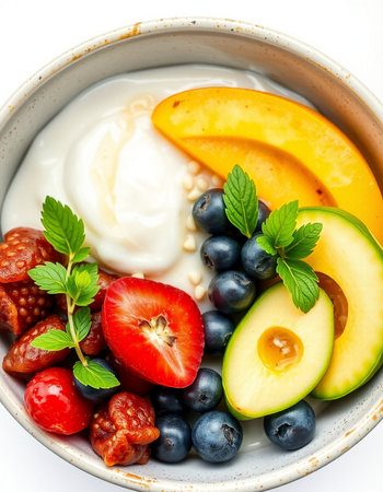 Healthy breakfast bowl with yoghurt, fruits and berries.