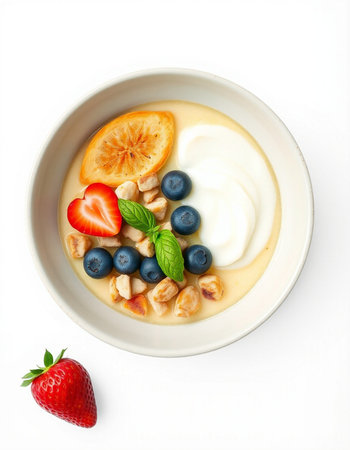 Muesli with fresh berries and yoghurt isolated on white background