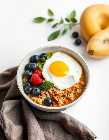 Healthy breakfast bowl with oatmeal, berries and fried egg on white background