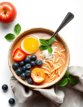 Tomato soup with blueberries, strawberries and egg in a bowl on a white backgroundの写真素材