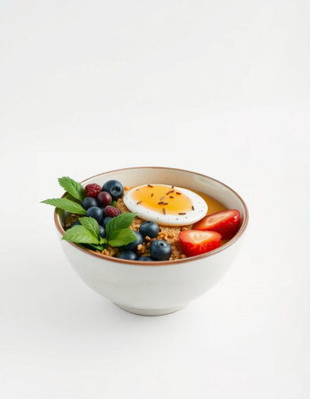 Healthy breakfast bowl with oatmeal, berries and egg on white background