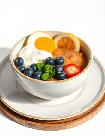 Healthy breakfast bowl with yogurt, berries and eggs on white background