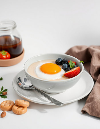 Breakfast with egg, berries and crackers on a white backgroundの写真素材