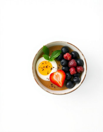 Breakfast bowl with fresh berries and egg isolated on white background.
