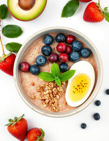 Healthy breakfast bowl with oatmeal, berries and egg on white backgroundの写真素材