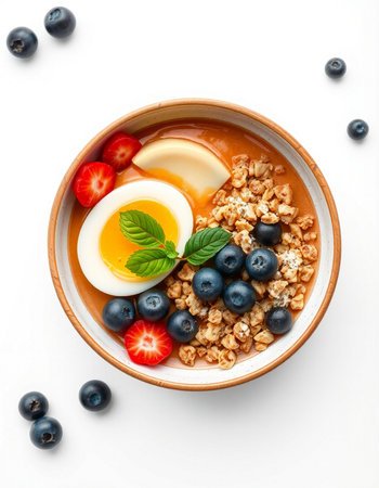 Healthy breakfast bowl with granola, yogurt and berries on white background