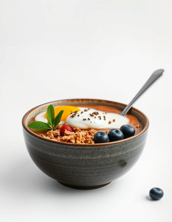 Bowl of muesli with yogurt and berries on white backgroundの写真素材