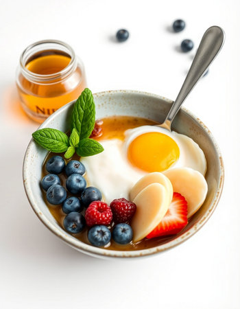 Healthy breakfast with yoghurt, berries and fruits on white backgroundの写真素材