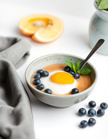 Egg and blueberries in a bowl on a white background
