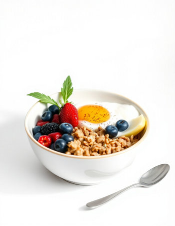 Healthy breakfast with muesli, berries and egg on white background