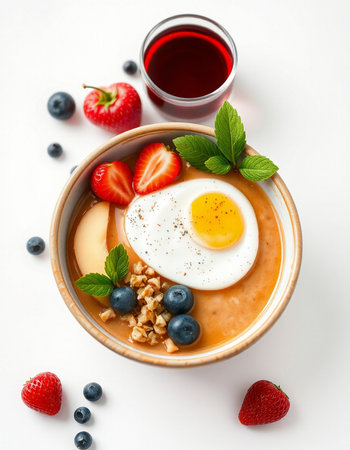 Oatmeal porridge with berries and egg in bowl on white backgroundの写真素材