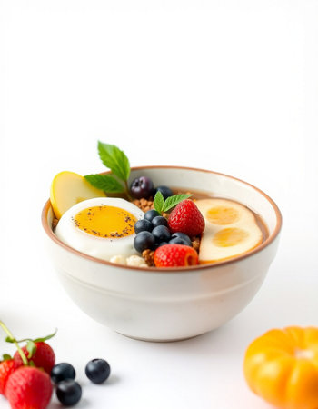 Healthy breakfast bowl with oatmeal, berries, fruits and eggs.の写真素材