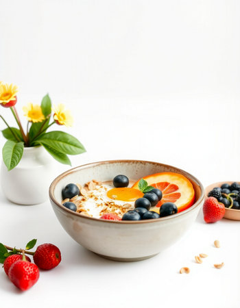 Healthy breakfast bowl with oatmeal, berries and fruits, selective focusの写真素材