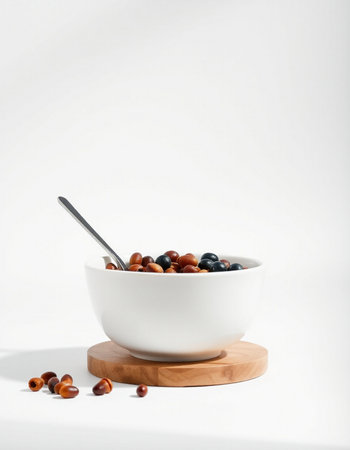 Bowl with hazelnuts and blueberries on a white backgroundの写真素材