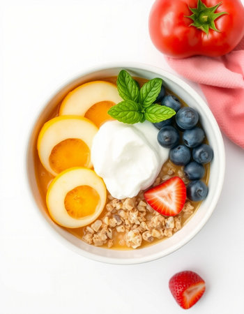 Oatmeal with yogurt and berries in a bowl on a white background
