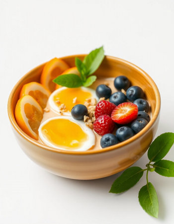 yogurt with granola and fresh berries on white background, selective focusの写真素材