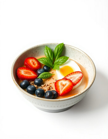 Breakfast with strawberries and blueberries in a bowlの写真素材