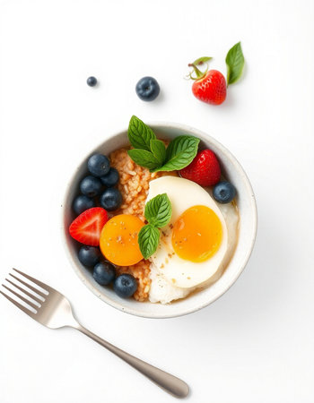 Oatmeal porridge with strawberry, blueberry and egg on white background