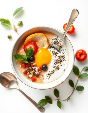Healthy breakfast. Oatmeal porridge with yogurt, berries and fruits on white backgroundの写真素材