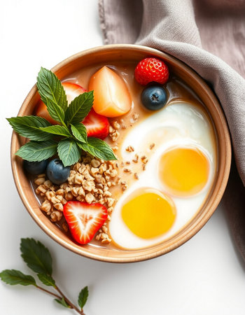Breakfast bowl with oatmeal, berries and eggs on white backgroundの写真素材
