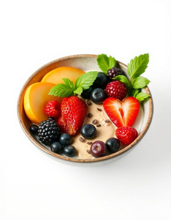 Bowl of oatmeal with fresh berries and mint on white backgroundの写真素材